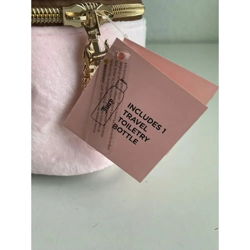 JUICY COUTURE Makeup Bag Travel Cosmetic Train Case Pink‎ Velour Scottie Crown